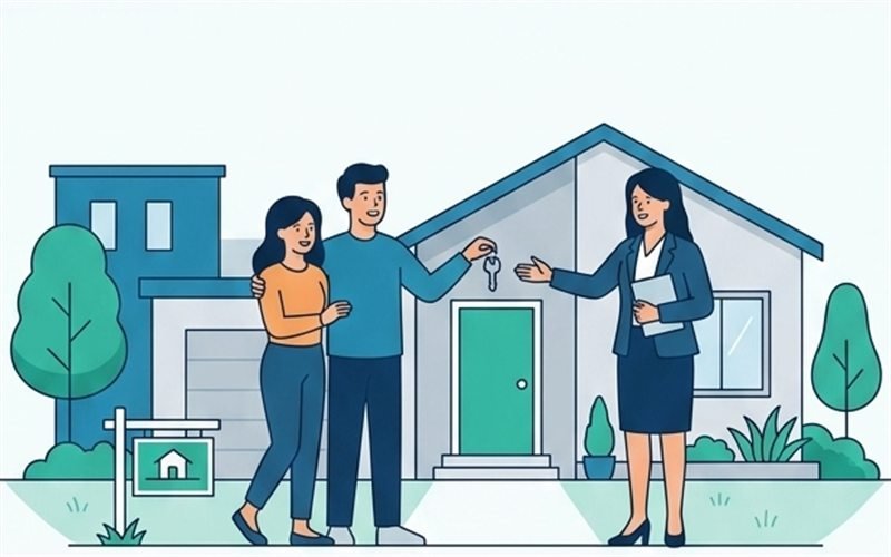 Una pareja recibe las llaves de su nueva vivienda de manos de su asesora inmobiliaria