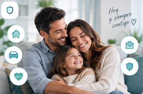 Una familia abrazada en el sofá, rodeada de los iconos de los seguros de hogar, coche, salud y empresa