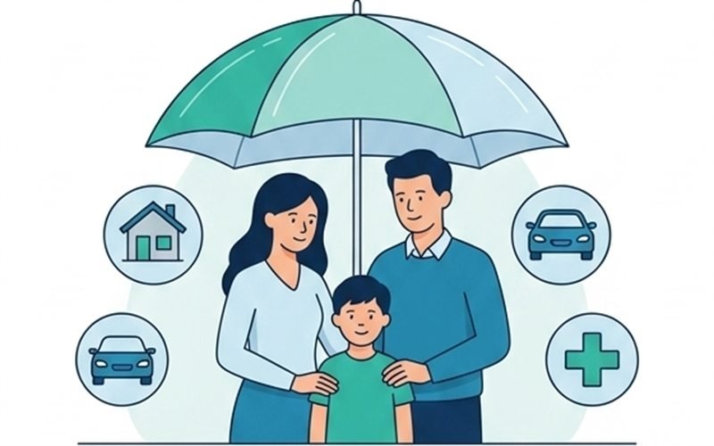 Una familia protegida bajo un paraguas, rodeada de los seguros de hogar, coche y salud